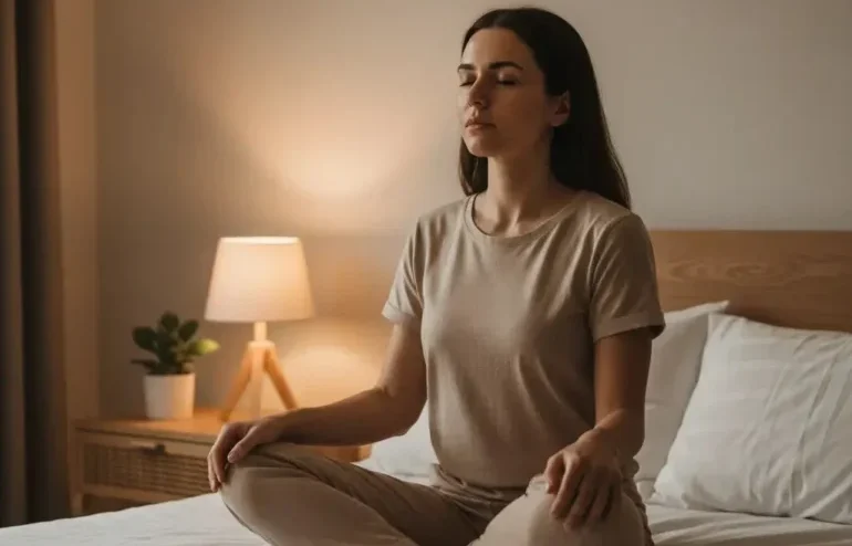 Person practicing deep breathing before bedtime