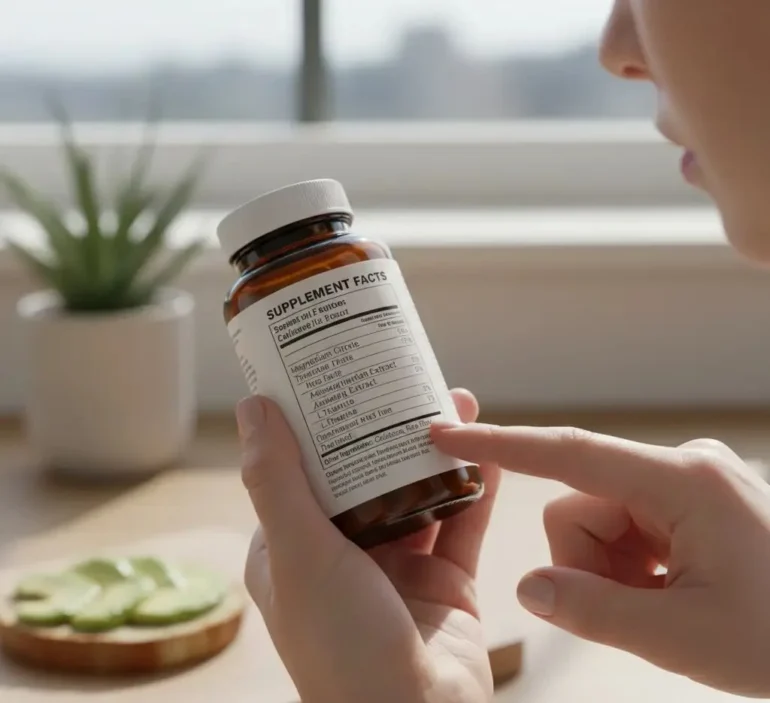 Person reading a supplement label carefully