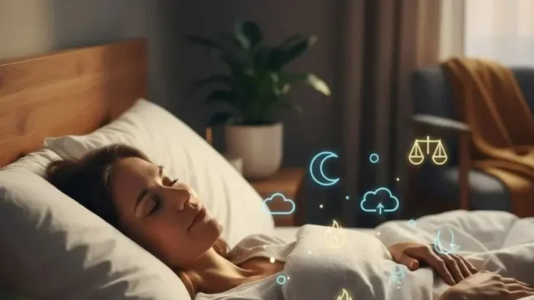 A woman sleeping peacefully, representing quality sleep and hormonal balance.