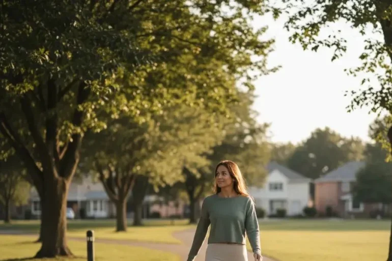 A woman walking with a calm expression, representing a healthy metabolism and daily movement.