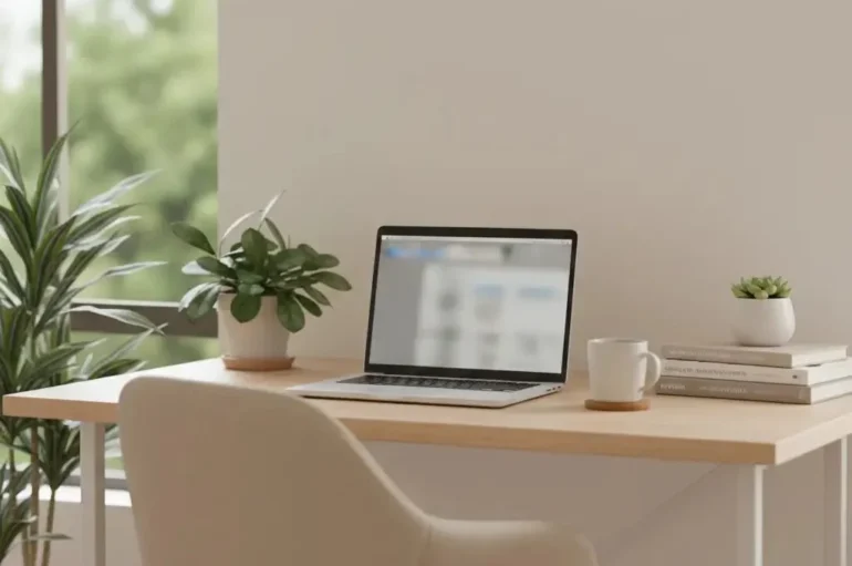Minimal workspace with natural light and plants, creating a calm and balanced environment.