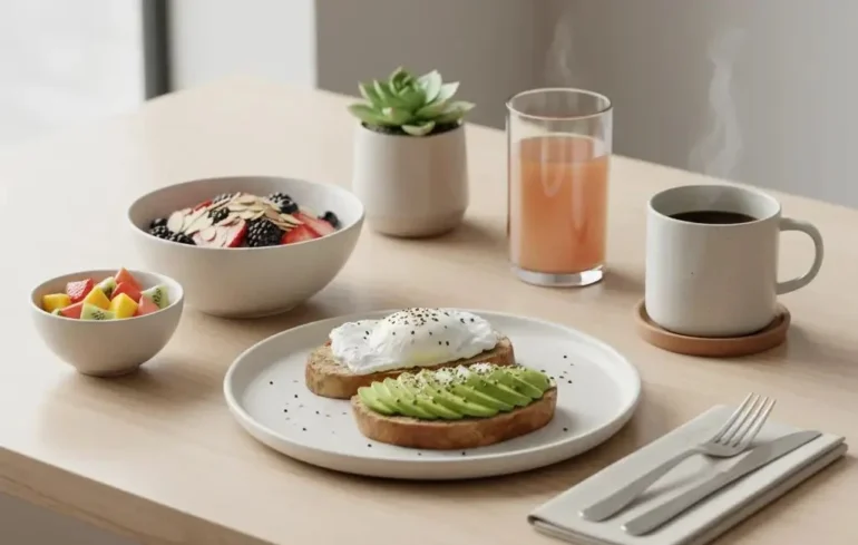 Simple breakfast in natural light supporting a balanced morning.