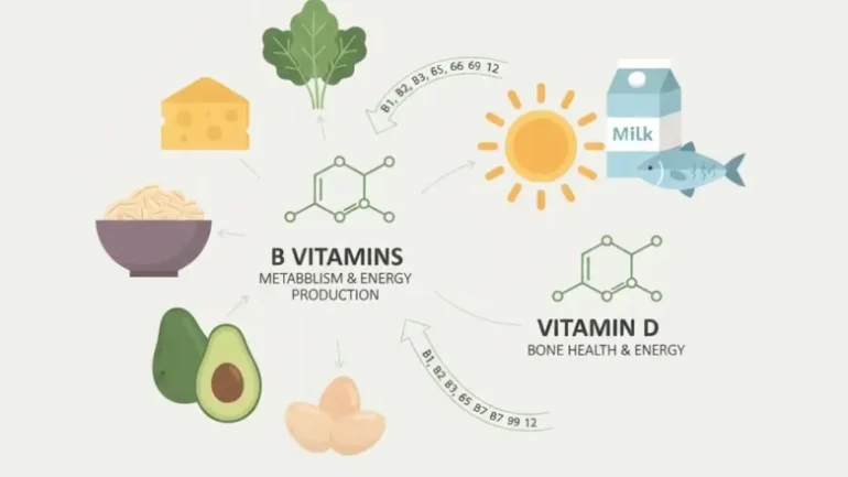 Illustration showing key vitamins that support energy and metabolism through natural food sources.