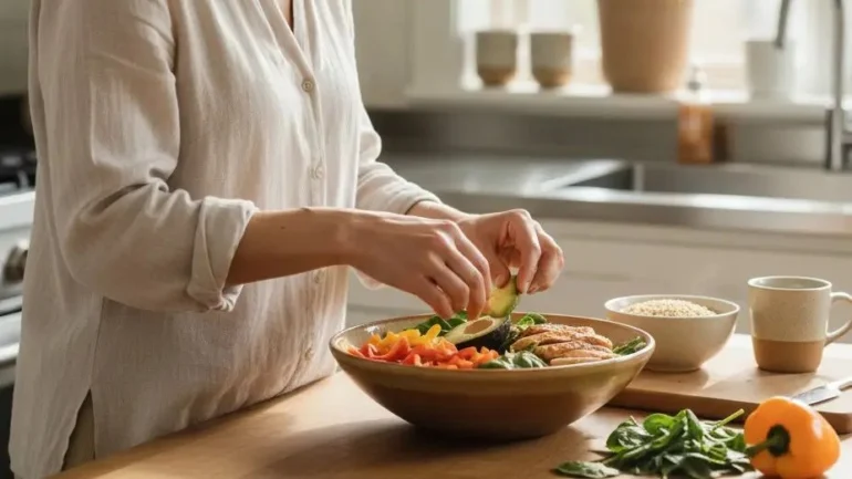 Person preparing a balanced meal as part of a healthy lifestyle that supports daily energy levels.