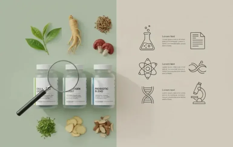 Close-up of a natural supplement label being examined, showing hidden ingredients and fine print that consumers often overlook.