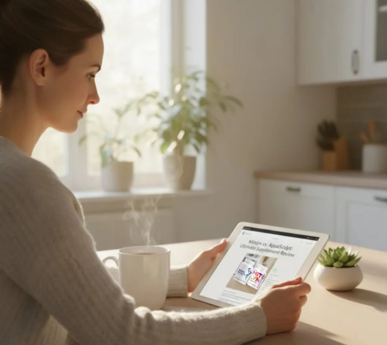 Mitolyn customer reviews being read on a tablet at home