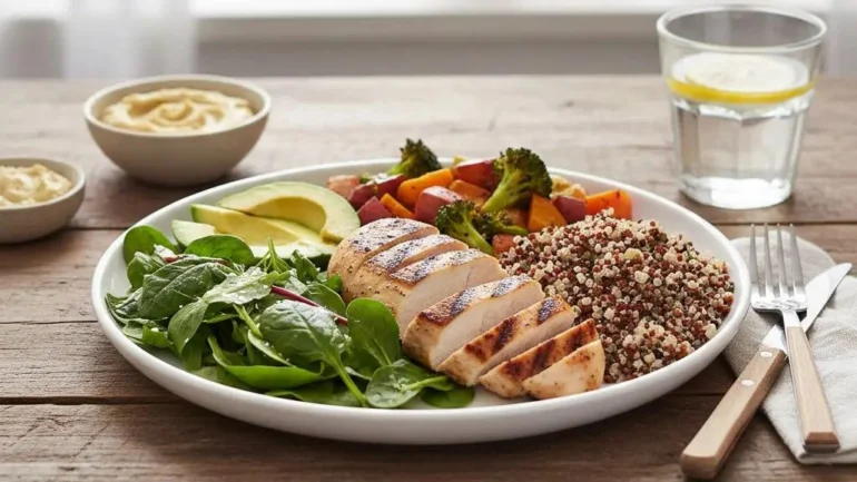 protein foods weight loss meal with chicken, quinoa, and vegetables
