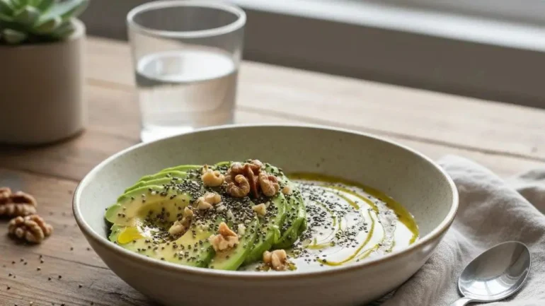 low glycemic foods breakfast bowl with avocado, chia seeds, and walnuts for safe weight loss