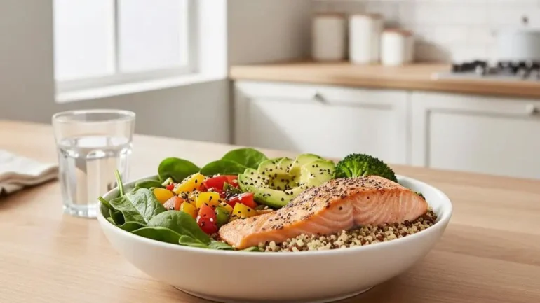 Balanced meal with anti-inflammatory foods including vegetables, salmon, and healthy fats supporting weight loss.