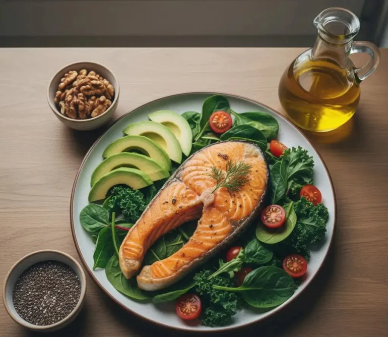 healthy fats weight loss meal with salmon avocado olive oil and nuts