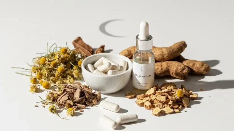 SleepLean ingredients displayed with natural sleep-supporting herbs and capsules for metabolism and recovery