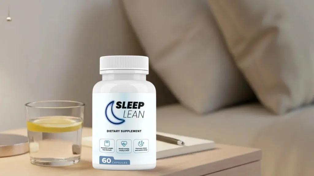 SleepLean side effects concept showing sleep supplement bottle on bedside table