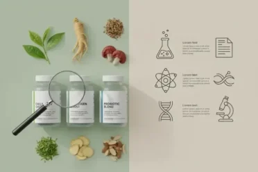 Close-up of a natural supplement label being examined, showing hidden ingredients and fine print that consumers often overlook.