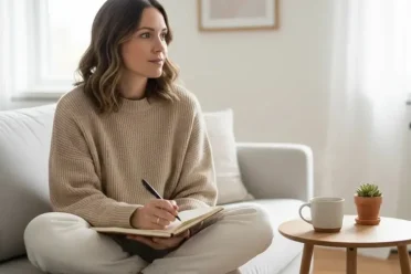 Person sitting calmly at home in natural light, reflecting quietly.
