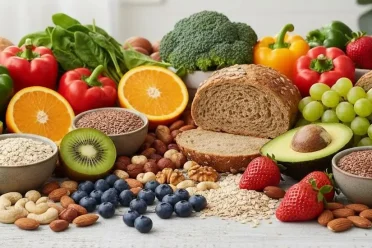 Natural foods rich in vitamins that help with energy and metabolism, including fruits, vegetables, nuts, and whole grains.