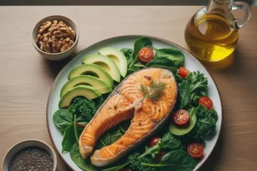healthy fats weight loss meal with salmon avocado olive oil and nuts