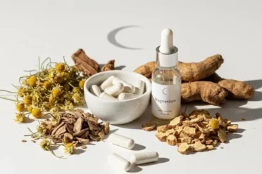 SleepLean ingredients displayed with natural sleep-supporting herbs and capsules for metabolism and recovery